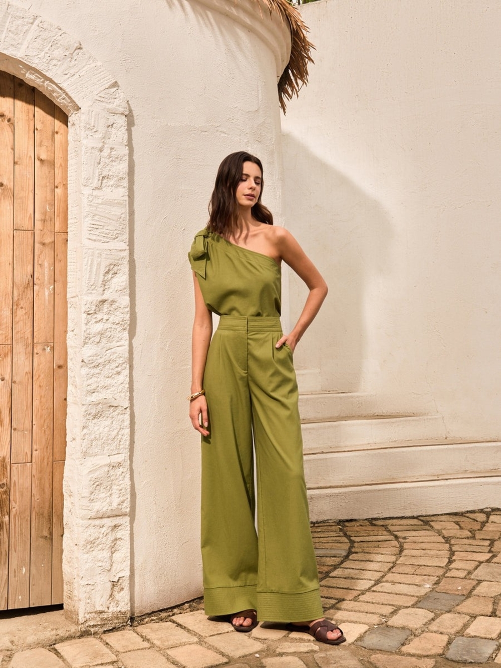 Commense Olive Green One-Shoulder Top And  Wide-Leg Pants SET